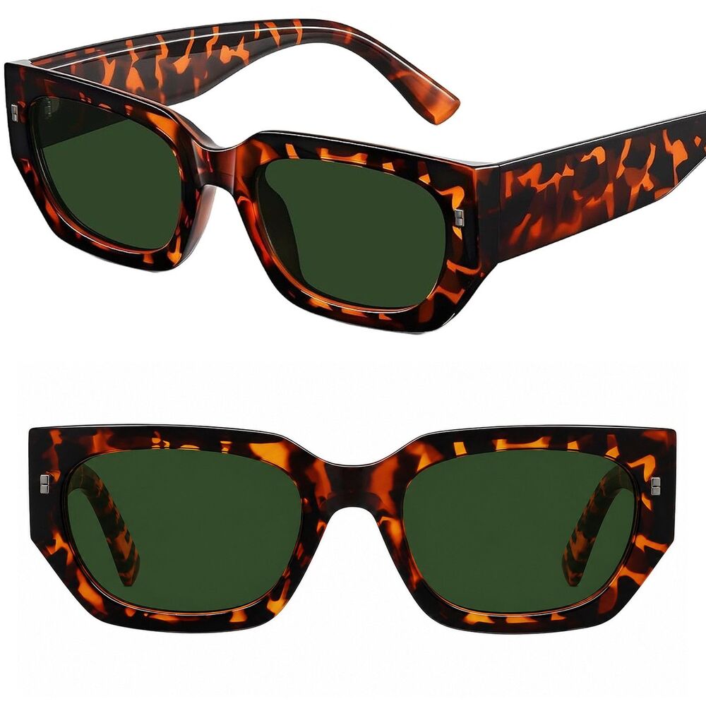 Unisex Tortoise Green Narrow Rectangle Retro Y2K Thick Frame Fashion Sunglasses